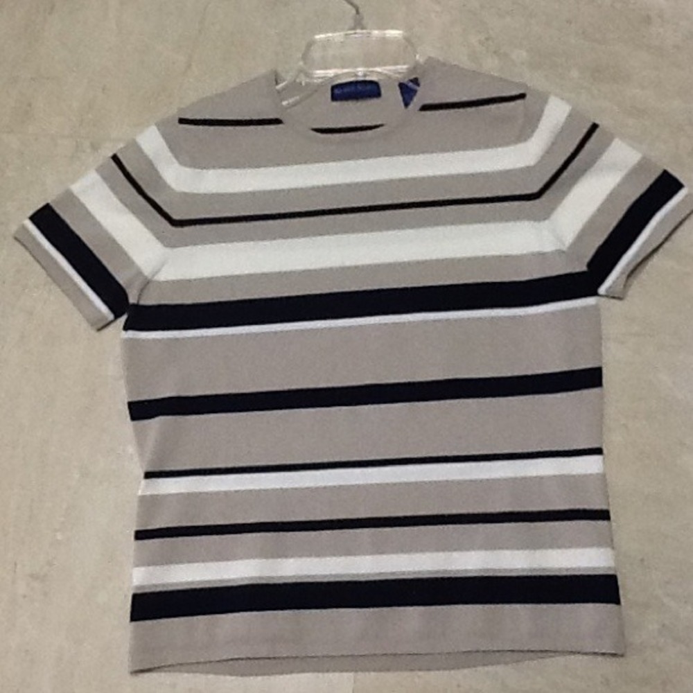Karen Scott cream/beige/navy striped top, size M